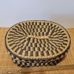 Vintage Seagrass Oval Lidded Basket With Black Accents